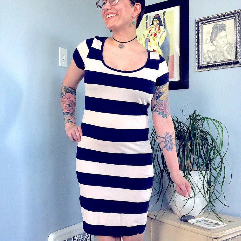 Navy Blue & Cream Striped Dress